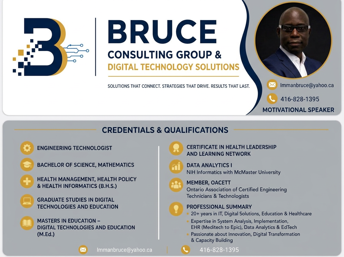 Business card for Bruce Consulting Group & Digital Technology Solutions, listing credentials and contact details
